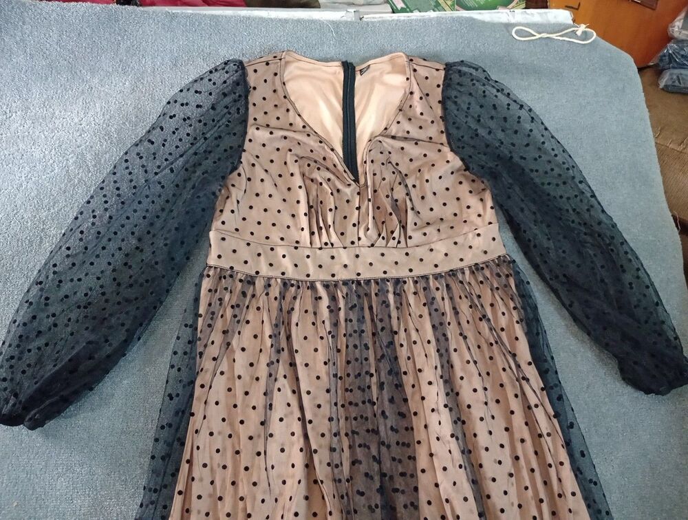SHEIN CURVE Polka Dot Mesh Overlay Dress Black Tan Long Sleeve Party Event 1XL - Picture 16 of 16